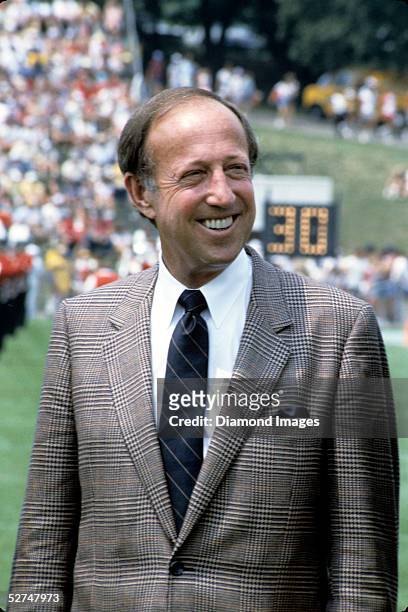 Commissioner Pete Rozelle on the sidelines prior to the annual Hall of Fame Game on July 30, 1983 between the New Orleans Saints and the Pittsburgh...