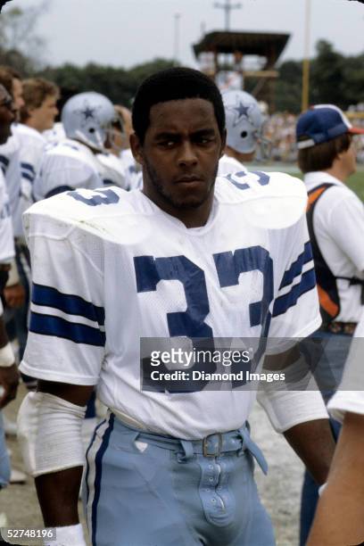Runningback Tony Dorsett of the Dallas Cowboys, on the sidelines during the annual Hall of Fame Game on July 28, 1979 between the Dallas Cowboys and...