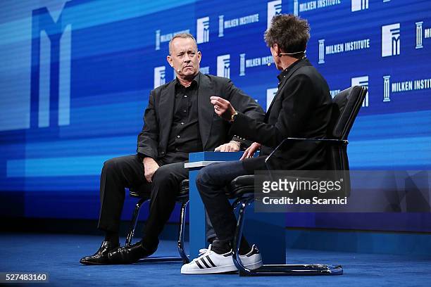 Tom Hanks and Brian Grazer speak onstage at the 2016 Milken Institute Global Conference on May 02, 2016 in Beverly Hills, California.