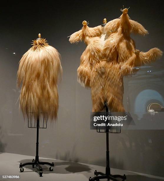 Dresses are displayed on a mannequins during the 'Manus x Machina: Fashion In An Age Of Technology' Costume Institute Gala at Metropolitan Museum of...