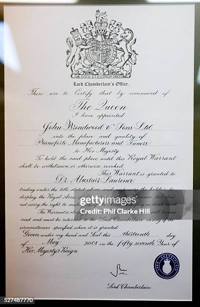 Royal appointment certificate - John Broadwood and sons piano makers by Royal appointment, they are the oldest established piano maker in the World....