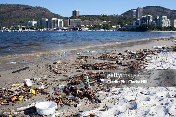 Rubbish litter pollution on Botafogo beach near the marina, Rio de Janeiro, Brazil.