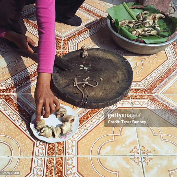 Woman prepares a cooked rat caught in the rice fields around Vinh An, a village specialising in catching rats, Hung Yen province, Vietnam. With...