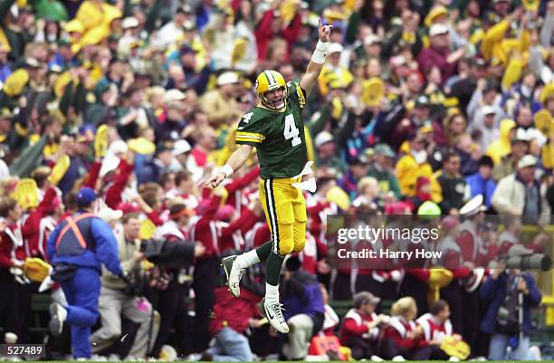 Packer Rabbvane Brett Favre of the Green Bay Packers celebrates during the third ...