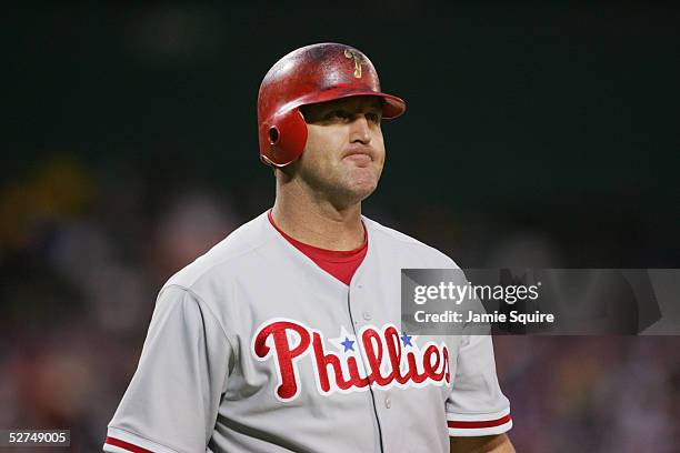 Jim Thome of the Philadelphia Phillies looks on during the game against the Washington Nationals on April 26, 2005 at RFK Stadium in Washington, D.C.