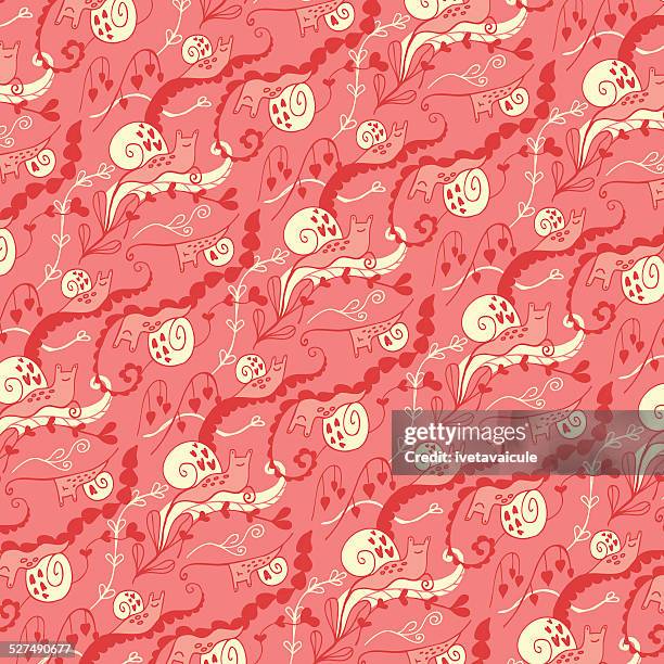 snails, curls, plants and hearts background pattern - bleeding heart flower stock illustrations