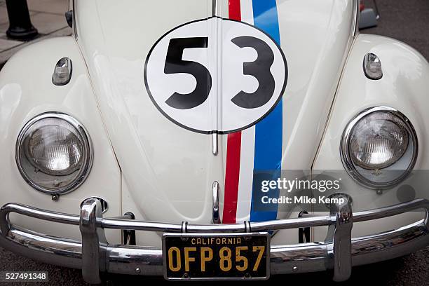 Detail of the famous car used in the hit American movies and tv show Herbie. This famous little Volswagen Beetle adorns the number 53