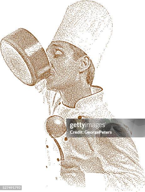 hungry chef eating - stew pot stock illustrations