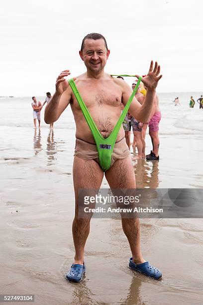 Man dressed up as Borat in a mankini. Participants dressed up for Folkestone Lions Club Boxing Day Dip. An annual fancy dress fundraising event,...