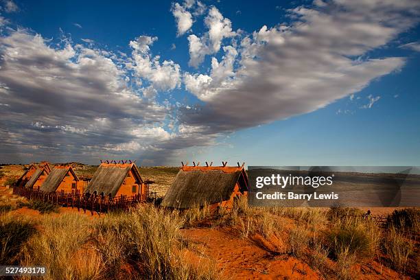 Kagalagadi Transfrontier Park, Xaus camp, located in the landscape on the high point of an immense dune. Xaus is owned by the San and Mier people who...