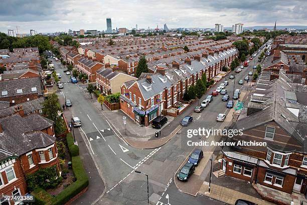 The corner of St John's road and Ayers road from the top of St John's Church. Trafford, Manchester. Greater Manchester.