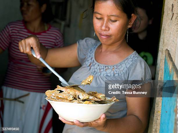 Seaweed farmer, Marissa Gegante holding a bowl of freshly caught and cooked fried fish for lunch in Tamiao, Bantayan Island, The Philippines. On...