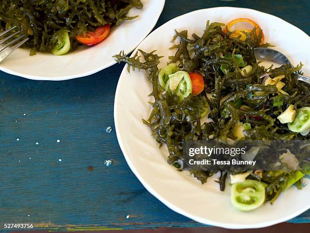 Typical seaweed dish - firstly the seaweed is boiled then tomatoes, onion and vinegar are added, Tamiao, Bantayan Island, The Philippines. Before...