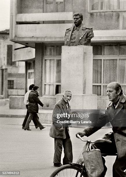 Statue of Stalin overlooking the centre of town in Korce. Albania practiced a militant form of Communism, withstanding the reforms of other Eastern...