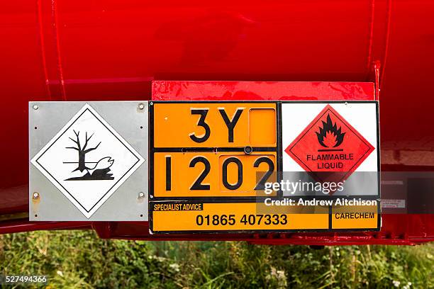 Dangerous for the environment hazard storage sign on the side of a petrochemical lorry. The European Agreement concerning the International Carriage...