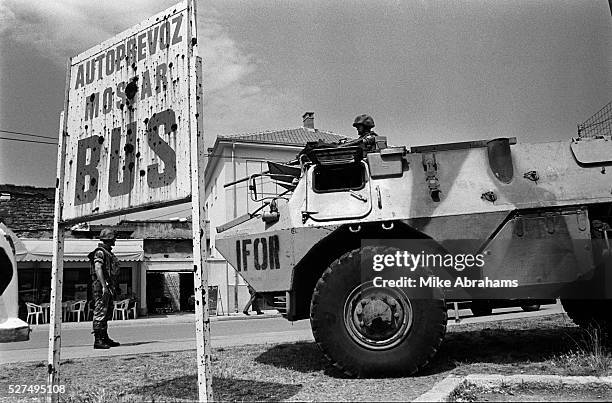 Peacekeepers on the front line between Muslim East Mostar and Croat West Mostar. It was destroyed by systemic bombardment from Croat guns during the...