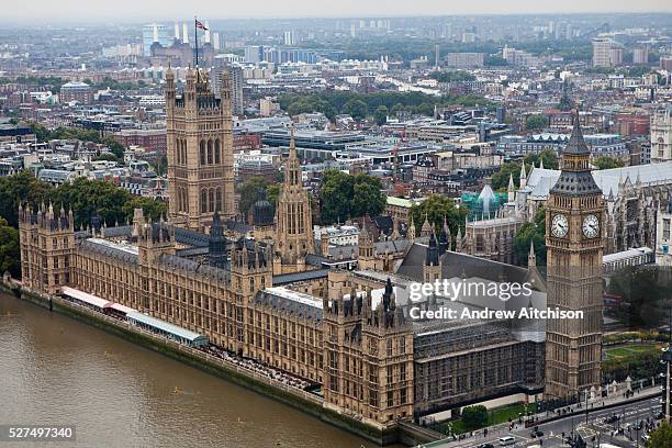 An aerial view of the The Palace of Westminster, also known as the Houses of Parliament or Westminster Palace. It is the meeting place of the two...