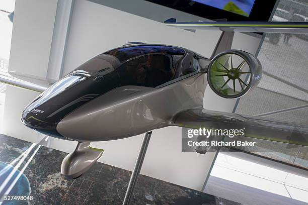 Airbus exhibition stand showing an E-Fan 4.0 at the Farnborough Air Show, England. The Airbus E-Fan is a prototype electric aircraft being developed...