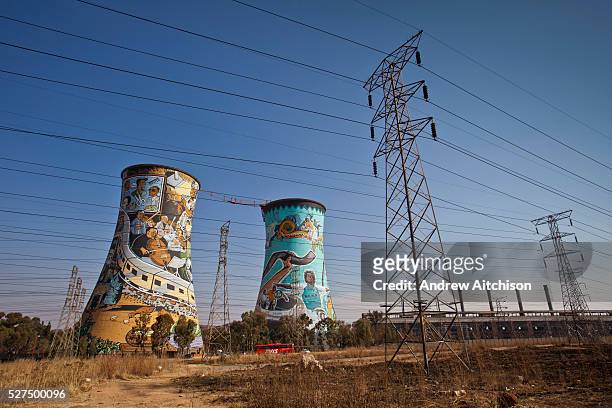 Graffiti for the football World Cup 2010 on the cooling towers of the decommissioned thermoelectric power station, Orlando, Soweto, Johannesburg,...