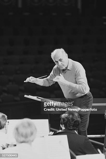 Hungarian born conductor Georg Solti conducts the Chicago Symphony Orchestra during a Proms performance at the Royal Albert Hall in London on 5th...