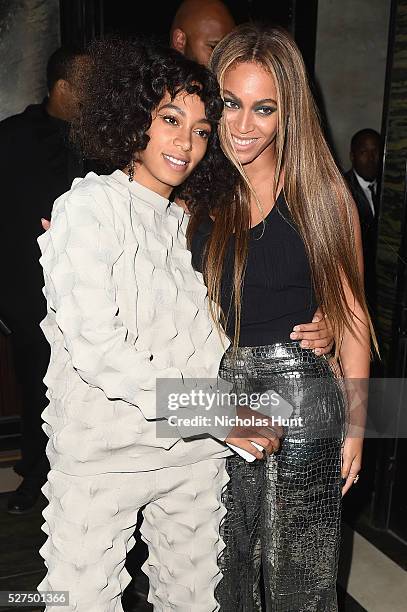 Singers Solange Knowles and Beyonce attend the Balmain and Olivier Rousteing after the Met Gala Celebration on May 02, 2016 in New York, New York.