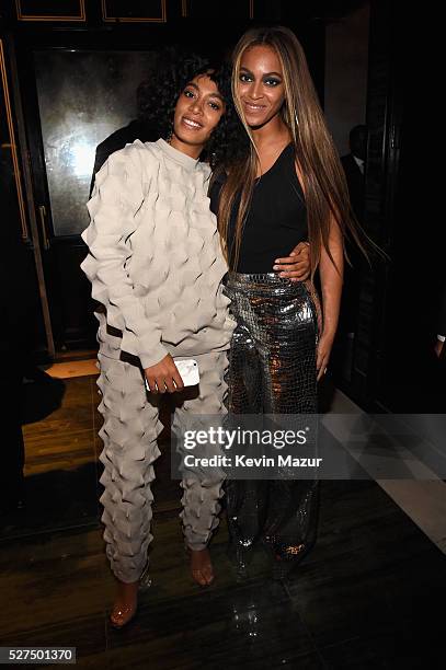 Singers Solange Knowles and Beyonce attend the Balmain and Olivier Rousteing after the Met Gala Celebration on May 02, 2016 in New York, New York.