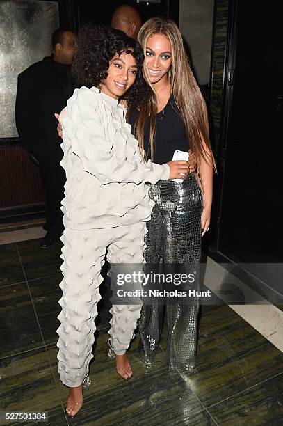 Singers Solange Knowles and Beyonce attend the Balmain and Olivier Rousteing after the Met Gala Celebration on May 02, 2016 in New York, New York.