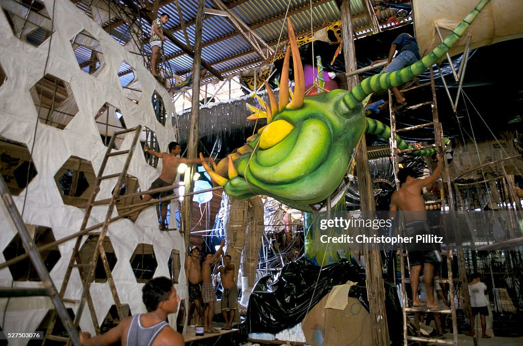 Brazil -Parintins - Building of floats for the Boi Bumba carnival celebrations deep in the Amazon