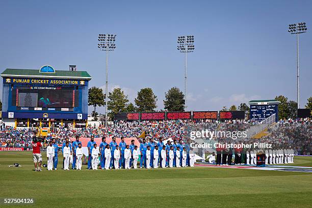 India vs Pakistan, the two teams stand to attention during their respective national anthems at the 2011 ICC Cricket World Cup semi-final match,...