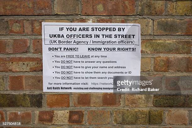 Raid or search advice printed on a sheet and pasted to a Southwark wall, aimed at immigrants or asylum seekers stopped by the now defunct UK Border...