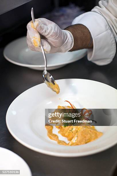 Head chef at the Park Hotel, Anurudh Khanna prepares a dish of shahi paneer in the kitchens, New Delhi, India.