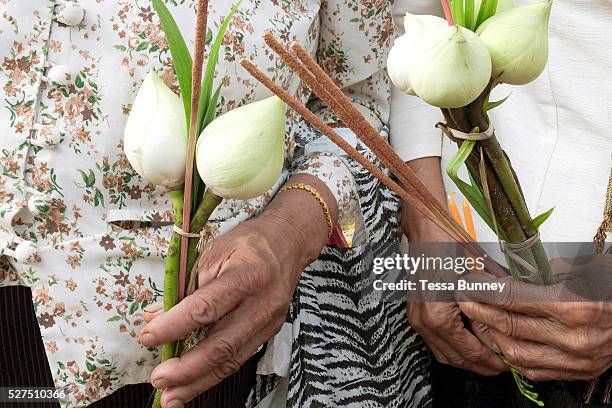 Two elderly women hold lotus flowers, candles and incense sticks as offerings before they circumambulate Pha That Luang three times in honour of...