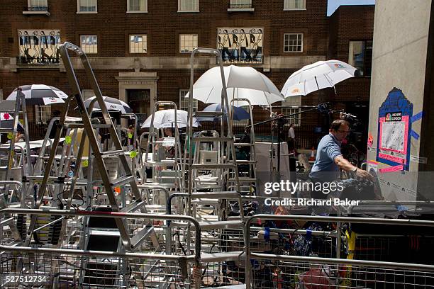 Media village behind railings as tension mounts outside St Mary's Hospital, Paddington London, where media and royalists await news of Kate, Duchess...