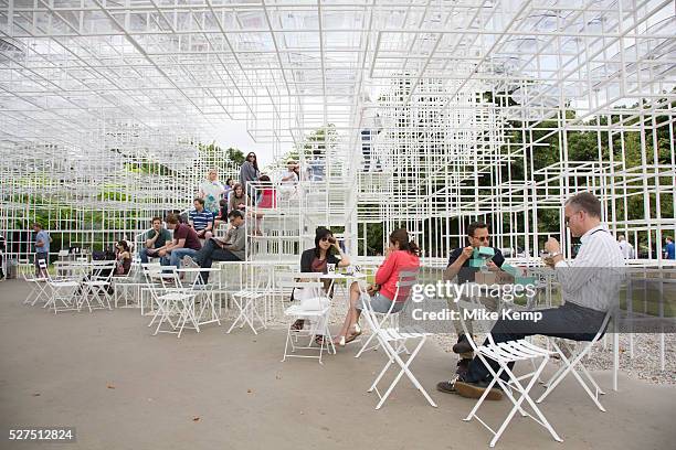 People enjoying climbing up the Serpentine Pavilion 2013 by Japanese architect, Sou Fujimoto. London, England, UK. He is the thirteenth and, at 41,...