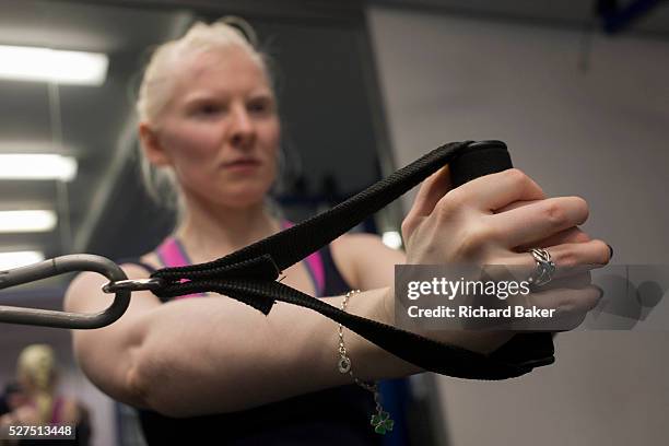 Partially-sighted skiing paralympian from the Sochi Olympics, Kelly Gallagher trains in the gym at the Sports Institute, University of Ulster,...