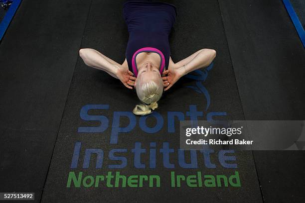 Partially-sighted skiing paralympian from the Sochi Olympics, Kelly Gallagher trains in the gym at the Sports Institute, University of Ulster,...