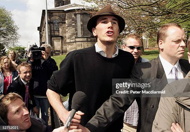 Pro fox hunting campaigner Otis Ferry, son of musician Bryan Ferry, shouts as Prime Minister Tony Blair arrives at All Saints Church on May 3 in...