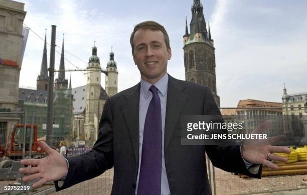 Paul Bell, European president at US computer manufacturer Dell, stands at the market square 03 May 2005 in Halle. Dell plans to build a plant at the...