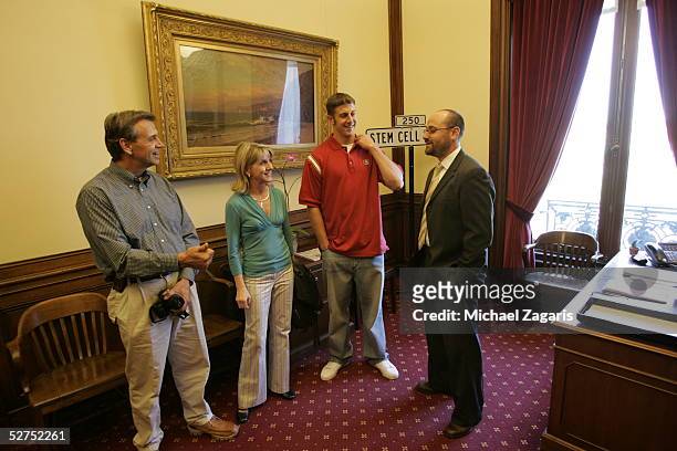 Quarterback Alex Smith meets with San Francisco Mayor Gavin Newsom at City Hall April 25, 2005 in San Francisco, California. Smith was drafted first...