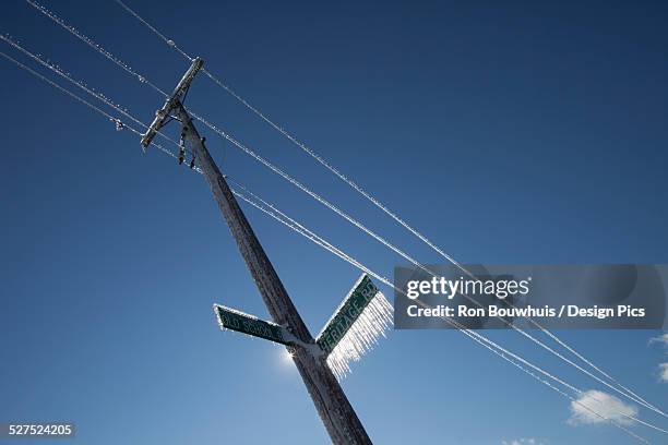 damaged powerlines and ice covered street sign after an ice storm - ice storm stock pictures, royalty-free photos & images