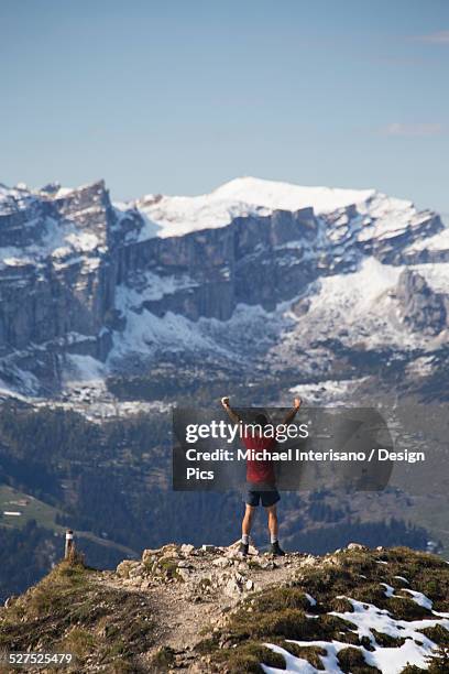 male hiker with arms raised on top of mountain overlooking snow capped mountain range in the distance with blue sky - alpbach ストックフォトと画像