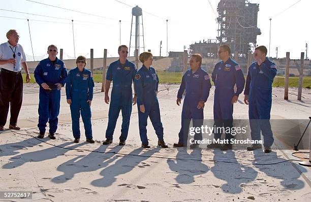 Space Shuttle Discovery mission specialists Andrew Thomas, Wendy Lawrence, Stephen Robinson, commander Eileen Collins, mission specialists Charles...