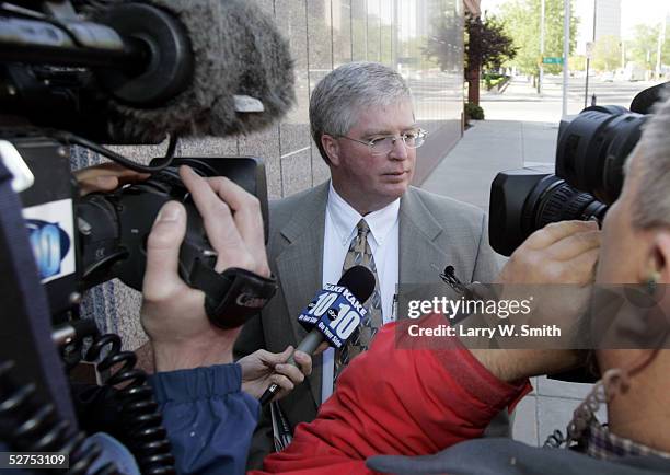 Dennis Rader's lead defense attorney Steve Osburn speaks to the media outside the Sedgwick County Courthouse on the day of Dennis L. Raders second...