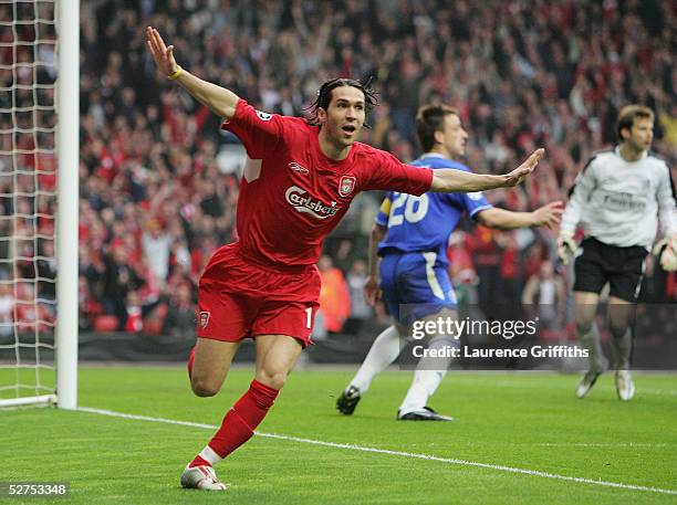 Luis Garcia of Liverpool celebrates scoring the opening goal during the UEFA Champions League semi-final second leg match between Liverpool and...