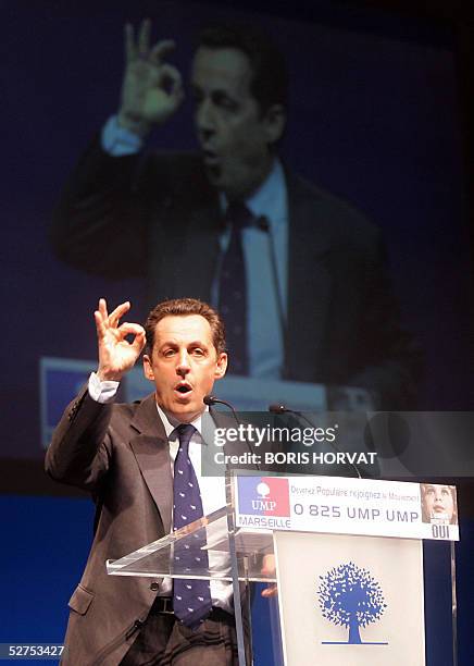 Nicolas Sarkozy, head of the French UMP party, gives a speech during a meeting with Renaud Muselier, French Foreign Affairs junior minister, to...