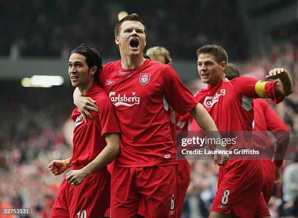 Luis Garcia of Liverpool celebrates scoring the opening goal with John Arne Riise during the UEFA Champions League semi-final second leg match...