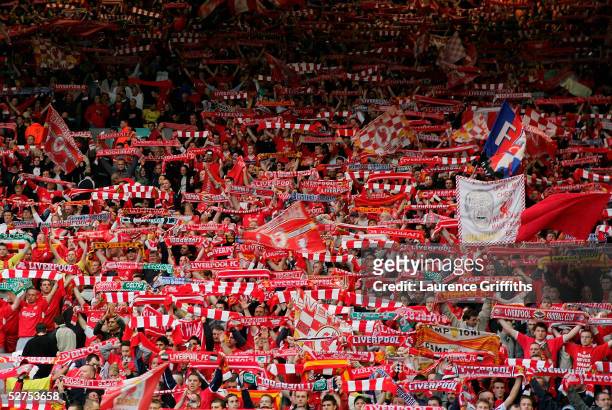 Liverpool fans show their scalves in the Kop before the UEFA Champions League semi-final second leg match between Liverpool and Chelsea at Anfield on...