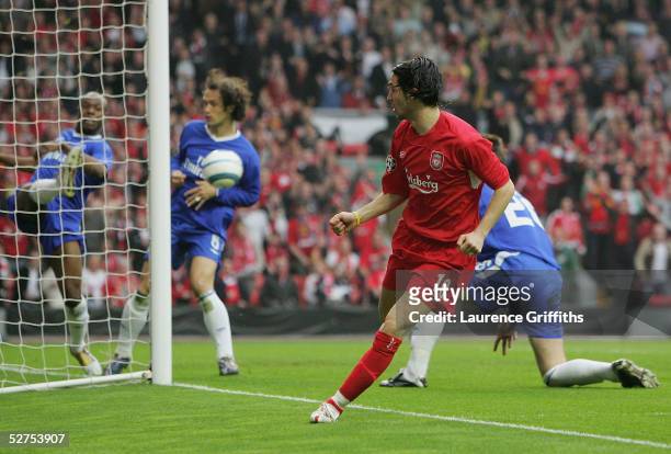 Luis Garcia of Liverpool scores the opening goal during the UEFA Champions League semi-final second leg match between Liverpool and Chelsea at...