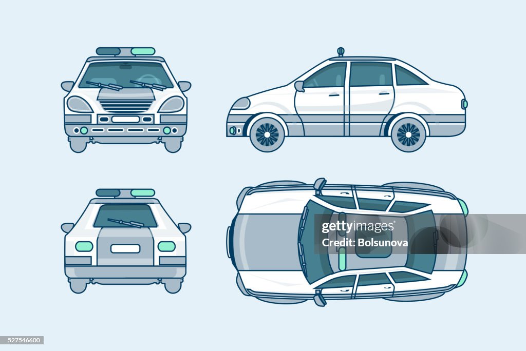Police car top, front, side, back view line style