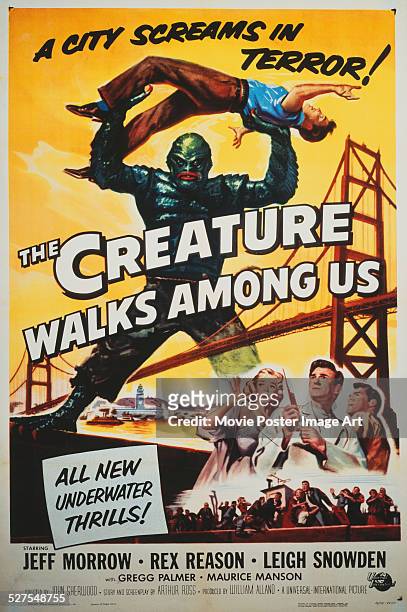 Poster for John Sherwood's 1956 horror 'The Creature Walks Among Us' starring Jeff Morrow, Leigh Snowden, and Rex Reason.